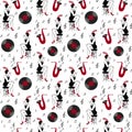 Seamless vector pattern of hand drawn black and red retro roaring 1920s objects and a smoking flapper